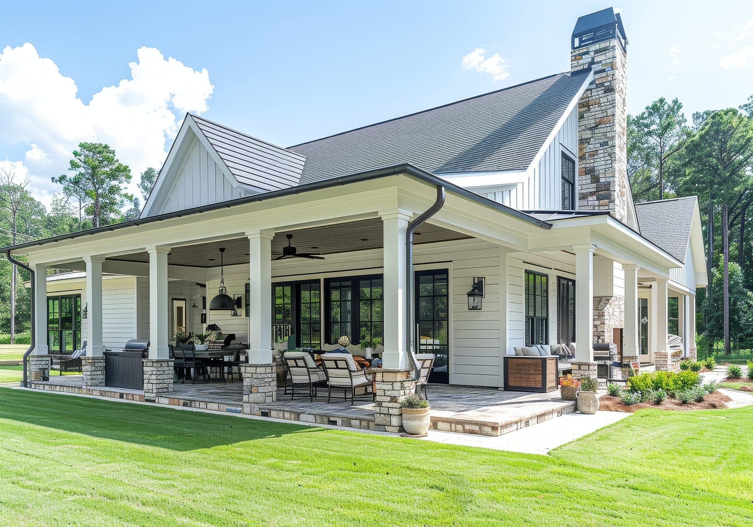 Beautiful new construction home in Georgia featuring a large front porch, outdoor kitchen, fire pit, and light grey shingle roof with green grass yard.