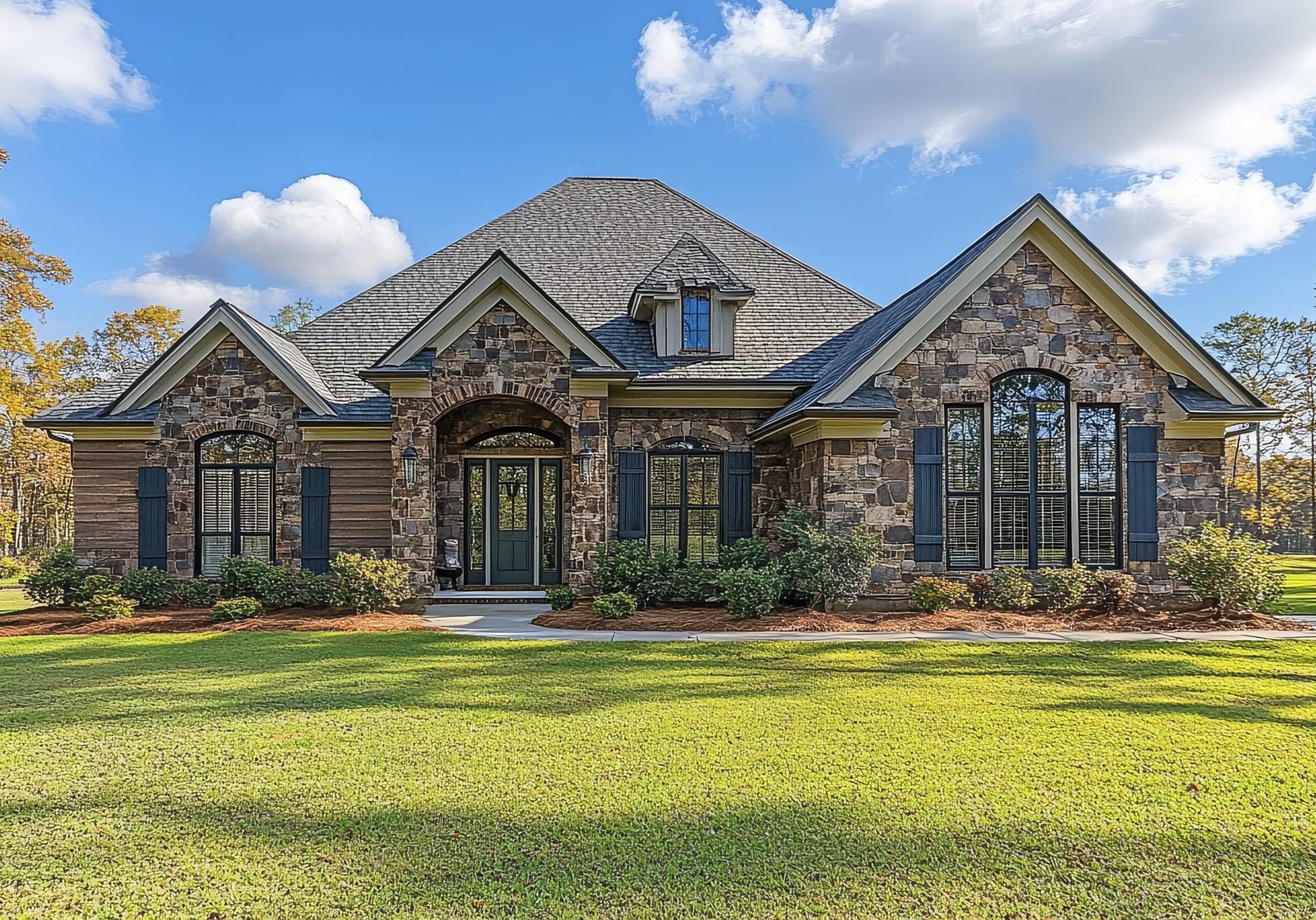 Large home in Georgia with green lawn and blue sky, featuring a beautiful gray-colored roof and front view.