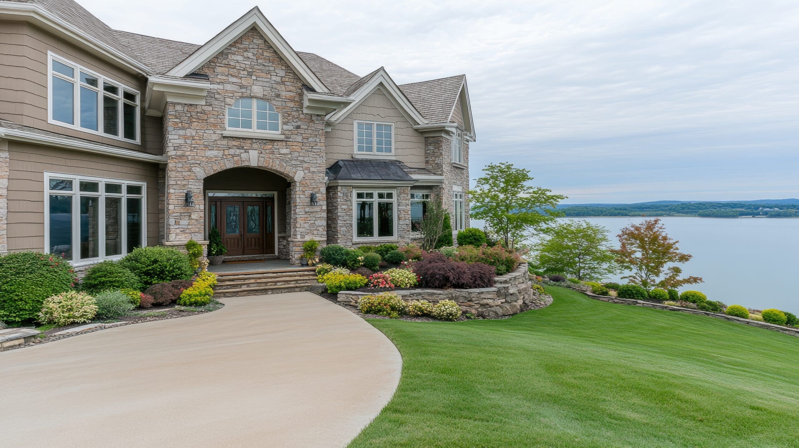 Several elegant homes line the picturesque shore of a Kentucky lake, featuring stone and wood exteriors, lush lawns, and breathtaking views of the serene water.